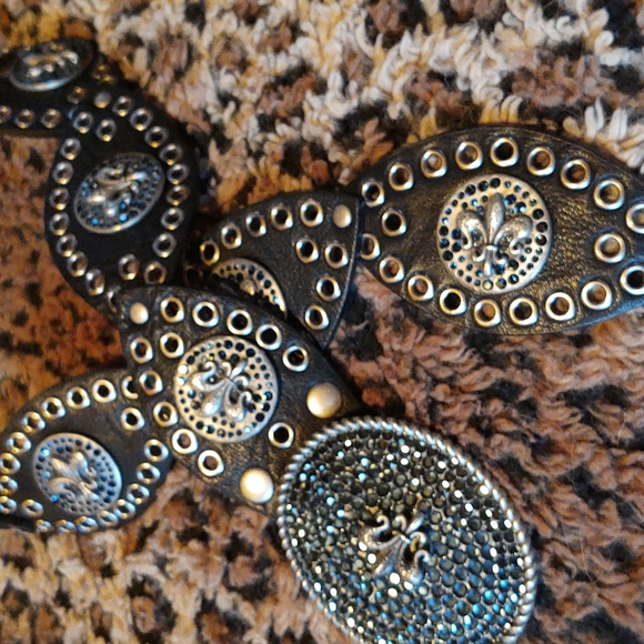 Royal Plush black leather belt with silver hardware and blue crystals throughout - Picture 3 of 5